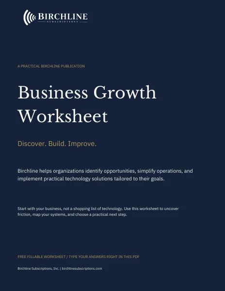 Birchline Business Growth Worksheet cover: Discover. Build. Improve.